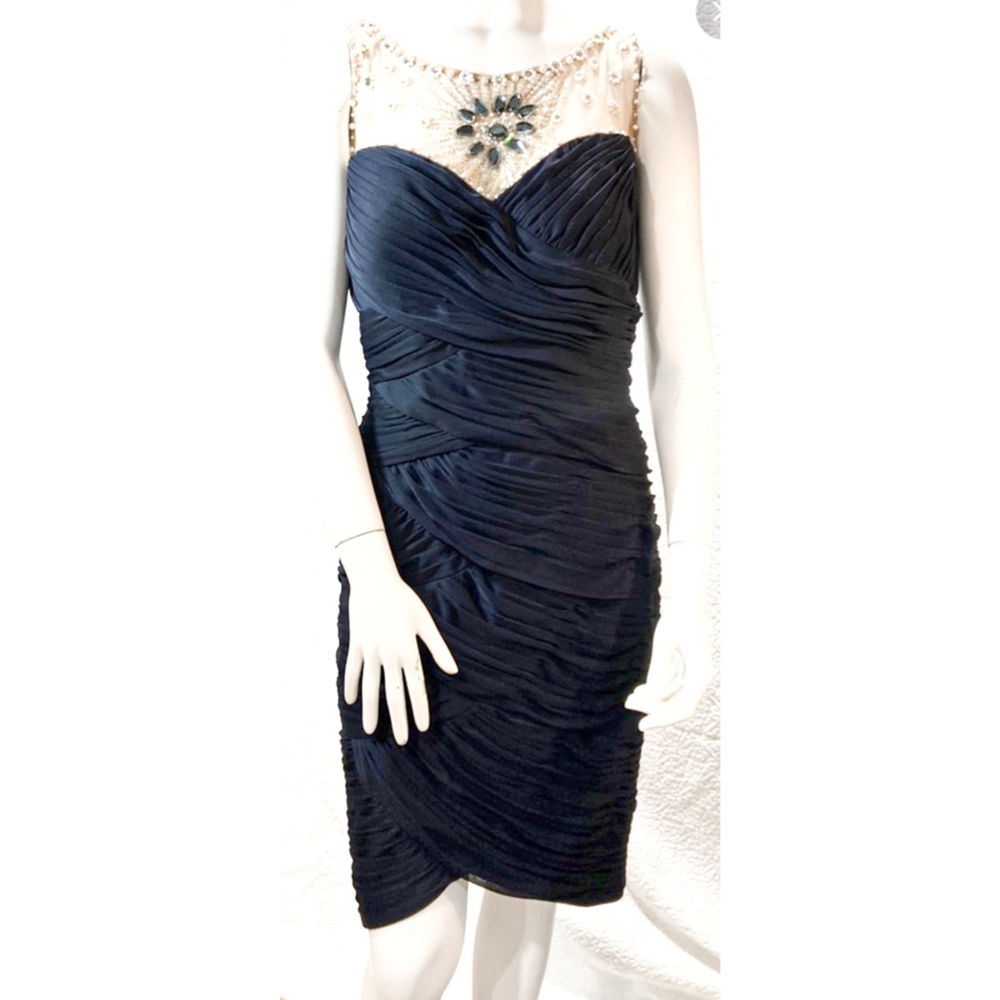 Adrianna Papell Navy Blue Beaded Illusion Neck Ruched Bodycon Cocktail Dress 16W - Picture 2 of 14